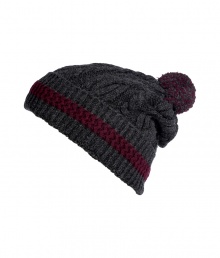 Inject an edge of old-school cool into your winter look with Burberry Londons pom-pom beanie - Two-tone pom-pom, ribbed brim with claret stripe, leather logo tag - Wear with puffy down jackets or sleek tailored pea coats