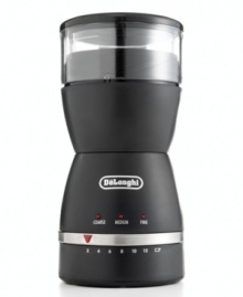 Bring out bigger, bolder taste in every cup. The De'Longhi blade-style coffee grinder features an electronic grind selector with three settings -- coarse, medium and fine -- and a quantity control knob that make fresh beans ready-to-brew in seconds. One-year limited warranty. Model KG49.