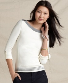 This Tommy Hilfiger sweater is punctuated by classic details like ribbed striped trim and roll tab sleeves. The goldtone buttons add a luxe touch, too!