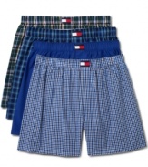 That essential element of preppie dressing, the all-cotton boxer short, offered here by Tommy Hilfiger in a four-pack wardrobe of blue-accented wovens.