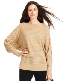 Alfani's ribbed metallic sweater features a dolman-sleeve silhouette for relaxed, yet chic style. Pair it with anything in your closet from jeans to pencil skirts.