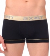 From the new 2(x)ist Gold Range: A No Show Trunk with the company's signature Contour Pouch and a waistband that rests two inches below the hip, gold seam accents, and a metallic waistband.