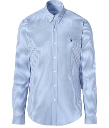 Easy, understated and classically cool, Polo Ralph Laurens striped button down is a must in any modern wardrobe - In a soft, pure blue and cream printed cotton poplin - New slim cut is more fitted through chest and torso - Small collar, cuffed sleeves and full button placket - Iconic embroidered polo pony logo at chest - Dress up with suit trousers and a blazer, or go for a more casual look with jeans and a pullover