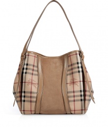 Detailed with tonal suede and leather paneling, Burberry Londons characteristic check shoulder bag is a luxe modern take on the iconic Burberry look - Belted leather double top handles, tonal suede and leather paneling, top cinch strap and magnetic snap, inside zippered back wall slot pocket, front wall slot pockets - Carry as a preppy polish to chic tailored looks