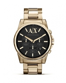 Armani Exchange crafts a classically styled statement with this plated metal watch. Crafted of stainless steel, it flaunts bold style with an eye-catching three eye chronograph.