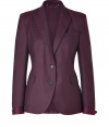 Borrowed-from-the-boys styling gets an ultra luxe infusion in Paul Smiths aubergine heather single-breasted wool blazer, tailored to perfection with tonal folded cuffs and an understated modern cut - Peaked lapel, long sleeves, buttoned cuffs, soft cutaway buttoned front, flapped pockets, breast pocket, double back vents, inside patch pocket, patchworked colorblock lining, cream wool lining under collar, tailored fit - Team with form-fitting jersey dresses and chic menswear-inspired lace-ups