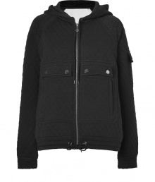 Work an urban edge into your casual cool looks with Marc by Marc Jacobs quilted hooded jacket - Drawstring hood, long sleeves, buttoned front flap pockets, buttoned flap pocket on sleeve, front zip closure, drawstring hemline - Loosely fitted - Wear with coated skinnies, a tissue tee and boots