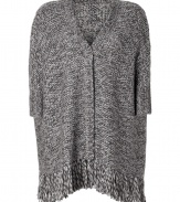 Cover up in ultra luxe style in Anna Suis fringed oversized knit cardigan - V-neckline, 3/4 dolman sleeves, ribbed trim, open front, fringed hemline - Easy draped fit - Layer over tissue tees with figure-hugging trousers and statement ankle boots