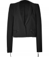 Both feminine and contemporary, Vanessa Bruno Ath?s mixed-media cropped jacket is a chic choice perfect for layering over edgy city looks - Collarless with a dropped single lapel, long sleeves, zippered cuffs, hidden front snap, zippered slit pockets, textural front, smooth back and sleeves - Form-fitting - Wear with sheath dresses and heels to work, or dress down with edgy leather leggings and soft tissue tees