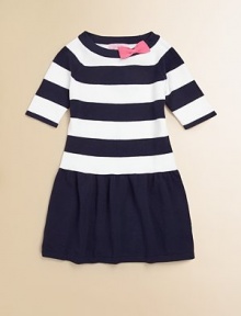 Your little sailor girl will look the part in this adorable, nautical-inspired frock with bold stripes and contrasting bow.BoatneckThree-quarter length sleevesPullover styleSlight drop-waistCottonMachine washImported