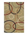 A playful array of interacting swirls in deep red, gray, taupe and salmon against an olive  background creates a rug that is absorbing, abstract and lighthearted at the same time that it is elegant and modern. Color scheme and unique pattern make this rug versatile enough to complement any room. Hand carved of plush 100% New Zealand wool.