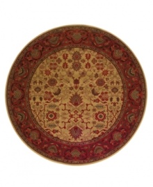 A larger-diameter round that is ideal for open spaces. A modern take on antique tapestries, the Everest Tabriz Gold area rugs feature a floral blend of red flowers and leafy silhouettes set against a beige background, and an ornate burgundy border. Fashioned using the most advanced method available for heat-set polypropylene, this super-dense power-loom weave creates a natural appearance without sacrificing the soft luxury finish of hand-woven rugs. One-year limited warranty (defects due to manufacturing).