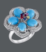 Add flourish with a touch of floral. Carlo Viani's exquisite flower ring features bright blue petals decorated with oval and round-cut turquoise (4-9/10 mm). Multicolored amethyst (2-3/4 ct. t.w.) adds a vibrant touch at the center, and white sapphires (1/3 ct. t.w.) outline the edges. Ring crafted in 14k white gold.