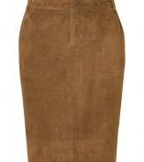 Elegant skirt in fine, brown goat skin suede - Traditional pencil cut with a narrow silhouette and sexy, snug fit - Features belt loop, tab and zip closure, side pockets and rear vent - Pair with classic blouse and high heels, or with an oversized sweater and ankle boots