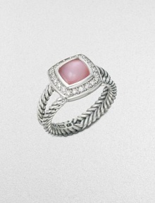 From the Petite Albion Collection. A pretty style with a pink mother-of-pearl cabochon surrounded by dazzling diamonds on a split cable shank. Pink mother-of-pearlDiamonds, .18 tcwSterling silverImported 