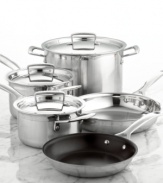 Everything you need to make any meal possible. This stainless steel cookware set from Le Creuset is fully stocked for culinary creativity, complete with an efficient tri-ply design and pure aluminum core that captures heat and distributes it evenly throughout. Lifetime warranty.