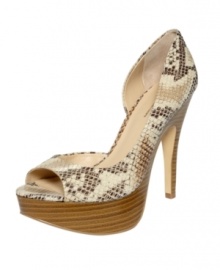 Hot to trot. The Denise platform pumps by INC International Concepts show a little skin with their peep toe and cutaway detail...and finish off the look with exotic snake print leather.