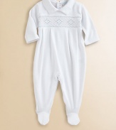 This angelic one-piece is crafted in plush pima cotton and embellished with eye-catching smocking for sweet baby style.Pointed collarLong sleevesBack snapsBottom snapsPima cottonMachine washImported Please note: Number of snaps may vary depending on size ordered. 