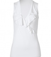 Work a feminine edge into your warm weather staples with Ralph Laurens super soft ruffled jersey tank top - Wrapped V-neckline with ruffled trim, sleeveless - Fitted - Wear under a blazer with slim-fit trousers and loafers