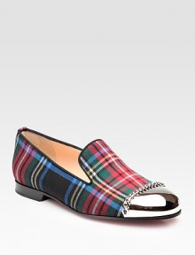 Metal toe cap and chain trim embolden this classic tartan-print design. Tartan cotton upper Leather lining Signature red leather sole Padded insole Made in Italy