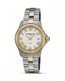 An expertly-crafted watch from Raymond Weil, the Parsifal features a sleek stainless-steel case with 18 Kt. yellow gold accents on the white Roman numeral dial, bezel and link bracelet.