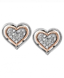 Even more to love. The sterling silver and 14k rose gold stud earrings feature single-cut diamonds in a stunning display. Approximate drop: 3/8 inch. Approximate width: 3/8 inch.