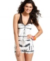 Charm, poolside, in this racerback romper from Rampage that boasts sheer mesh accents plus an awesome tie-dye print!