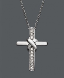 Perfect for gifting -- this sparkling and symbolic style features a polished knot center and round-cut diamonds (1/10 ct. t.w.). Setting and chain crafted in sterling silver. Approximate length: 18 inches. Approximate drop: 7/8 inch.