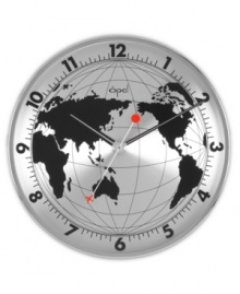 Time traveler. A red secondhand jets around the globe on this metal wall clock, featuring an aluminum dial and sound-free movement. From Opal Clocks.