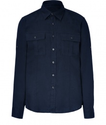 Stylish shirt in fine, pure navy blue linen - Soft yet durable, summer weight fabric - Small collar, full button placket and two flap pockets at chest - Rounded hem hangs slightly longer in the back - Casually elegant and ultra-versatile - Pair with suit trousers, chinos, shorts or jeans