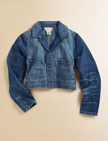 This stylish denim jacket is rendered in a slightly faded and frayed wash for a cool, timeworn look.Point collar with notched lapelLong sleeves with single button cuffsButton frontFront patch pocket65% cotton/35% elastaneMachine washImported Please note: Number of buttons may vary depending on size ordered. 