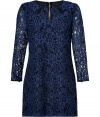 Ladylike in lace, Juicy Coutures dark blue mini-dress is a sexy way to wear one of this seasons favorite trends - Round neckline with teardrop cutouts, sheer lace long sleeves, buttoned slit cuffs, exposed metal back zip - Fitted - Wear with heels and a cool chain-detailed clutch for cocktails