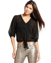 Eyeshadow creates sheer romance on a blouse that features tie-front design and gauzy chiffon fabric!