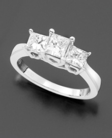 Crowning jewels. This unique, three stone, princess-cut certified diamond ring (1 ct. t.w.) is set in 18k white gold for a luxurious and striking look.