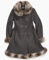 Dressy style that will keep her snug in the snow, this S. Rothschild fur-trim coat perfects her cute, cosmopolitan chic.