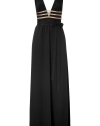 Add stylish drama to your black tie look with this stunning gown from Azzaro - Deep V-neck and back, fitted waist with gold band detailing and tie, floor-length skirt with a draped silhouette - Wear with gold-tone platform pumps, a studded clutch, and layered necklaces