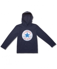 Keep him warm with a layering piece that you'll never need to nag him to put on: Converse All Star fleece hoodie with kangaroo pocket.