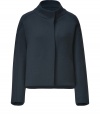 Give your look a chic, modern finish with Veronique Leroys navy wool jacket, styled with clean lines and a cool cut for an understated elegant utilitarian feel - Stand-up collar, long sleeves, hidden front closures, short straight silhouette, boxy fit - Pair with mini skirts, opaque tights, and sleek ankle boots