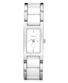 Put tradition aside and go bold with this icy watch by DKNY. Stainless steel bracelet with center links of white ceramic and rectangular case. White dial features silver tone stick indices at twelve, three, six and nine o'clock, three hands and logo. Quartz movement. Water resistant to 50 meters. Two-year limited warranty.