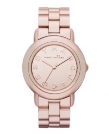 Cozy up to rosy perfection. Watch by Marc by Marc Jacobs crafted of rose-gold ion-plated stainless steel bracelet and round case. Rose-gold tone mirrored dial features logo letters at markers and three hands. Quartz movement. Water resistant to 50 meters. Two-year limited warranty.