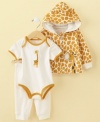 Stick your neck out. He'll be adorable in this unique, safari styled bodysuit, hoodie and pant set from First Impressions.