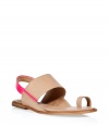 Channel easy elegance in these bold flat sandals from Diane von Furstenburg - Thick neutral leather front strap, pink patent leather ankle strap, flat leather sole - Get the perfect resort-ready look with a caftan and a swimsuit or for city-ready chic with slim jeans and peasant top