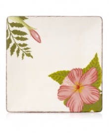 Feel like you're on holiday with Clay Art's tropical Hibiscus dinner plates, featuring rosy pink blooms and a rustic cocoa-brown rim in dishwasher-safe earthenware.