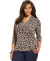 A timeless animal print spotlights Charter Club's three-quarter-sleeve plus size top, finished by a flattering cross front design.