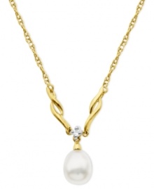 Make waves on the fashion front. Crafted from 10k gold, this necklace features a cultured freshwater pearl (7-9 mm) and a sparkling diamond accent for an elegant effect. Approximate length: 18 inches. Approximate drop: 1/2 inch.