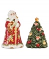 Trim the table, too. Bountiful Holiday salt and pepper shakers from Fitz and Floyd appeal with extraordinary detail, from the autumnal pattern in Santa's coat to the bird- and fruit-bedecked tree.