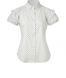 With its sweet round collar and playful puffed sleeves, Valentino R.E.D.s ladybug print blouse is a fun way to dress up your chic daytime looks - Round collar, puffed short sleeve with smocked shoulders, button-down front, shirttail hemline - Tailored fit - Wear with a flouncy skirt and bright leather ballerinas