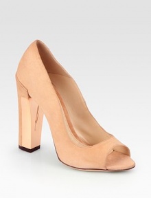 Low-cut suede silhouette with a chunky mixed-media heel and timeless peep toe. Suede and metal-covered heel, 4½ (115mm)Suede upperLeather liningBuffed leather solePadded insoleImportedOUR FIT MODEL RECOMMENDS ordering one size up as this style runs small. 