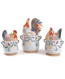 Bring the country to you. These hand-painted ceramic canisters are in the shape of roosters, intricately detailed and brightly colored, full of lifelike vigor.