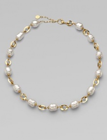 This unique and chic design of baroque pearls and three dimensional 18k gold oval links is simply stunning.12mm baroque white organic man-made pearls18k goldplated sterling silverLength, about 16 to 18 adjustableLobster clasp closureImported 